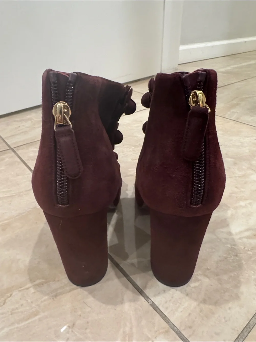 CHANEL Burgundy Suede Floral Peep-Toe Block Heels